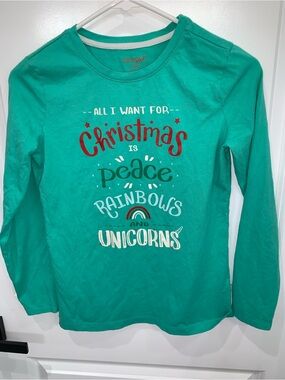 Cat & Jack Girls' Teal Long Sleeve Graphic Tee - Red/White/Green Accents